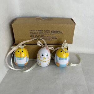 Vintage Wooden Easter Ornaments Egg Shaped Rabbit and a Chick Set of 3 In Box